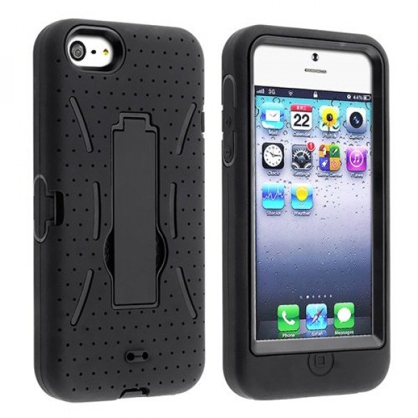 Wholesale iPhone 5 5S Armor Hybrid Case with Stand (Black-Black)